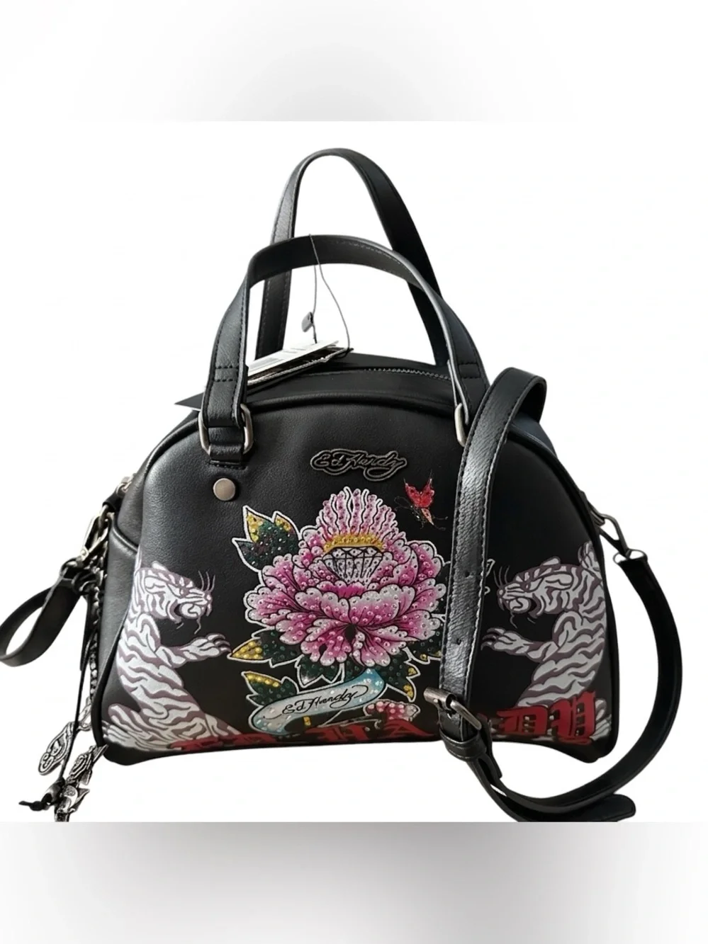 Ed Hardy Tiger & Floral Rhinestone Embellished Dome Bowler Satchel Crossbody Bag